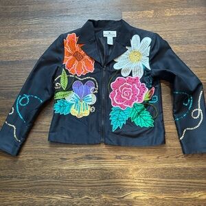 Russell Kemp Black Jacket with Multicolor Floral Appliqués